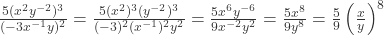 \frac{5(x^{2}y^{-2})^{3}}{(-3x^{-1}y)^{2}} = \frac{5(x^{2})^{3}(y^{-2})^{3}}{(-3)^{2}(x^{-1})^{2}y^{2}} = \frac{5x^{6}y^{-6}}{9x^{-2}y^{2}} = \frac{5x^{8}}{9y^{8}} = \frac{5}{9}\left(\frac{x}{y}\right)^{8}