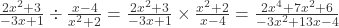 \frac{2x^{2}+3}{-3x+1} \div \frac{x-4}{x^{2}+2} =  \frac{2x^{2}+3}{-3x+1} \times \frac{x^{2}+2}{x-4} = \frac{2x^{4}+7x^{2}+6}{-3x^{2}+13x-4} 