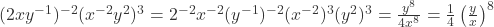 (2xy^{-1})^{-2}(x^{-2}y^{2})^{3} = 2^{-2}x^{-2}(y^{-1})^{-2}(x^{-2})^{3}(y^{2})^{3} = \frac{y^{8}}{4x^{8}} = \frac{1}{4}\left(\frac{y}{x}\right)^{8}